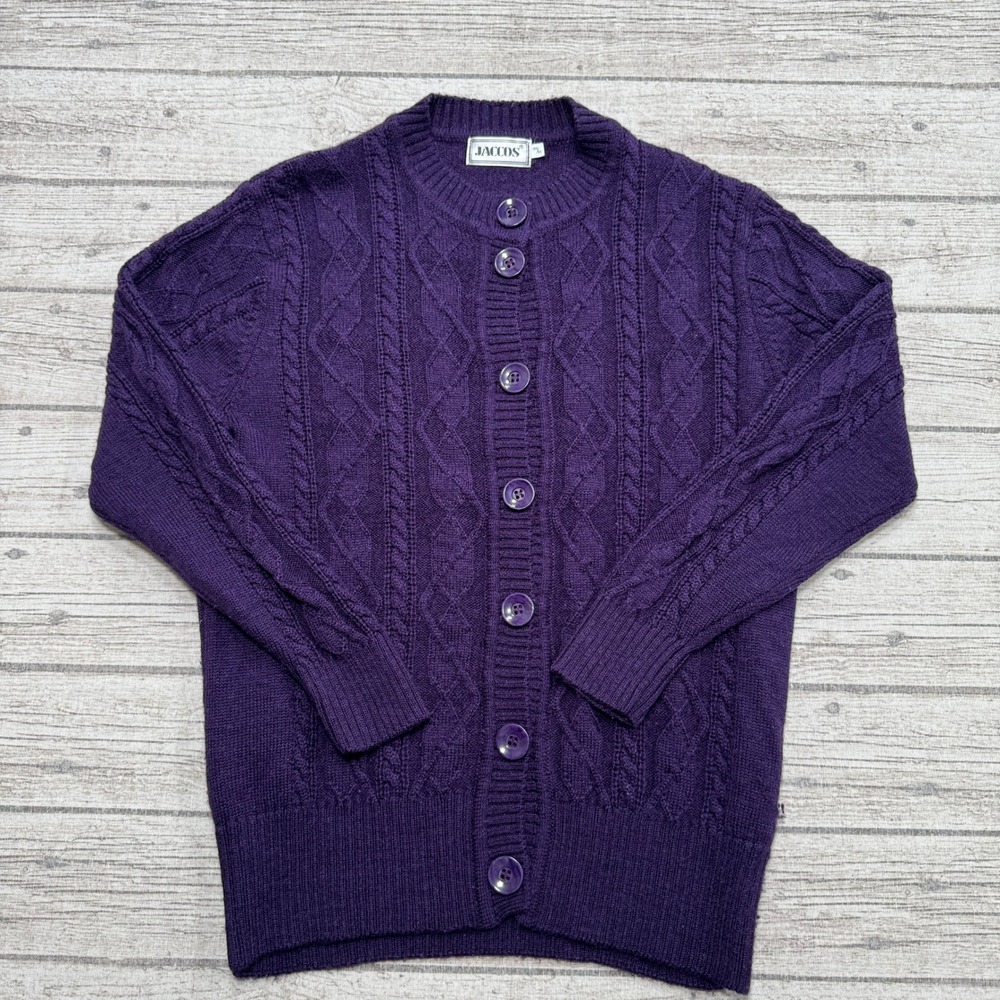 Jaccos Sweater Women's Medium Purple Classic Cable Knit Button Front Cardigan